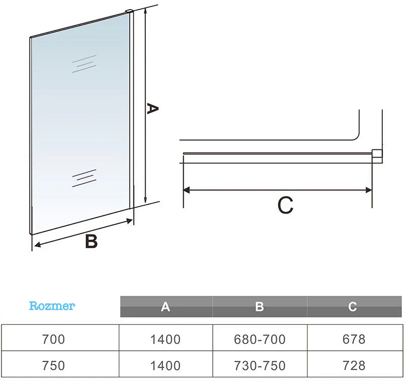 AICA Vaňová zástena pevná WTE-14, veľkosť od 70-80cm, číre NANO sklo 6mm, Výška 140cm