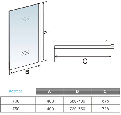 AICA Vaňová zástena pevná WTE-14, veľkosť od 70-80cm, číre NANO sklo 6mm, Výška 140cm