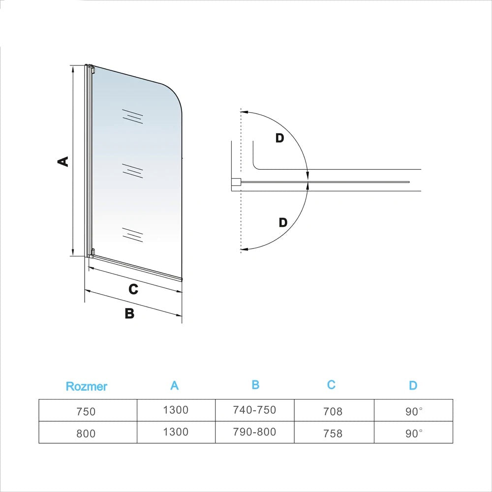 AICA Vaňová zástena sklopná Z1-BM, veľkosť od 75-80cm, otočná, číre NANO 4mm sklo, Výška 140cm