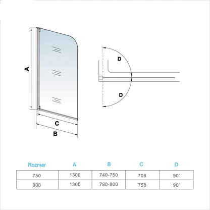 AICA Vaňová zástena sklopná Z1-BM, veľkosť od 75-80cm, otočná, číre NANO 4mm sklo, Výška 140cm