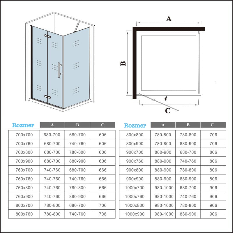 AICA Sprchový kút obdĺžnikový HPK-2E-WAP-R, bočný panel, zalamovacie dvere, veľkosť od 70-120cm, 6mm NANO sklo, Výška 185cm